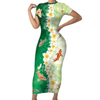 Hawaii And Japan Short Sleeve Bodycon Dress Plumeria Lei With Koi Fish Green - Polynesian Pride