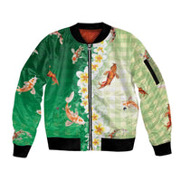 Hawaii And Japan Sleeve Zip Bomber Jacket Plumeria Lei With Koi Fish Green - Polynesian Pride