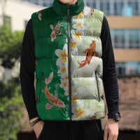 Hawaii And Japan Sleeveless Puffer Jacket Plumeria Lei With Koi Fish Green - Polynesian Pride