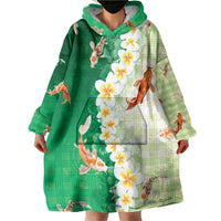 Hawaii And Japan Wearable Blanket Hoodie Plumeria Lei With Koi Fish Green - Polynesian Pride