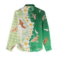 Hawaii And Japan Women Casual Shirt Plumeria Lei With Koi Fish Green - Polynesian Pride