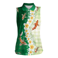 Hawaii And Japan Women Sleeveless Polo Shirt Plumeria Lei With Koi Fish Green - Polynesian Pride