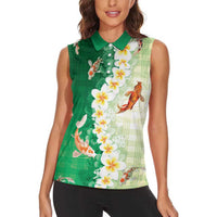 Hawaii And Japan Women Sleeveless Polo Shirt Plumeria Lei With Koi Fish Green - Polynesian Pride