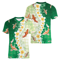 Hawaii And Japan Women V-Neck T-Shirt Plumeria Lei With Koi Fish Green - Polynesian Pride