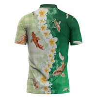 Hawaii And Japan Zipper Polo Shirt Plumeria Lei With Koi Fish Green - Polynesian Pride