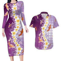Hawaii And Japan Couples Matching Long Sleeve Bodycon Dress and Hawaiian Shirt Plumeria Lei With Koi Fish Purple - Polynesian Pride