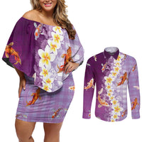 Hawaii And Japan Couples Matching Off Shoulder Short Dress and Long Sleeve Button Shirt Plumeria Lei With Koi Fish Purple - Polynesian Pride