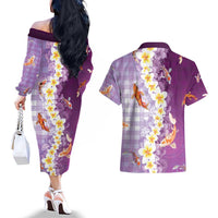 Hawaii And Japan Couples Matching Off The Shoulder Long Sleeve Dress and Hawaiian Shirt Plumeria Lei With Koi Fish Purple - Polynesian Pride