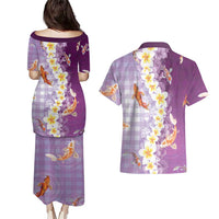 Hawaii And Japan Couples Matching Puletasi and Hawaiian Shirt Plumeria Lei With Koi Fish Purple - Polynesian Pride