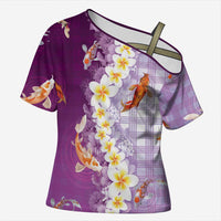 Hawaii And Japan Cross Shoulder Shirt Plumeria Lei With Koi Fish Purple - Polynesian Pride