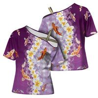 Hawaii And Japan Cross Shoulder Shirt Plumeria Lei With Koi Fish Purple - Polynesian Pride