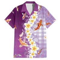 Hawaii And Japan Family Matching Off Shoulder Short Dress and Hawaiian Shirt Plumeria Lei With Koi Fish Purple - Polynesian Pride