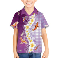 Hawaii And Japan Family Matching Off Shoulder Short Dress and Hawaiian Shirt Plumeria Lei With Koi Fish Purple LT05 Son's Shirt Purple - Polynesian Pride