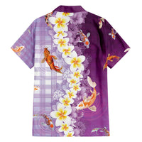 Hawaii And Japan Family Matching Short Sleeve Bodycon Dress and Hawaiian Shirt Plumeria Lei With Koi Fish Purple - Polynesian Pride