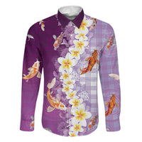 Hawaii And Japan Family Matching Tank Maxi Dress and Hawaiian Shirt Plumeria Lei With Koi Fish Purple LT05 Dad's Shirt - Long Sleeve Purple - Polynesian Pride