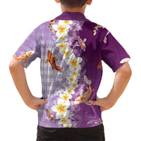 Hawaii And Japan Kid Hawaiian Shirt Plumeria Lei With Koi Fish Purple - Polynesian Pride