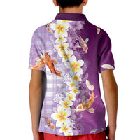 Hawaii And Japan Kid Polo Shirt Plumeria Lei With Koi Fish Purple - Polynesian Pride