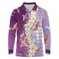 Hawaii And Japan Long Sleeve Polo Shirt Plumeria Lei With Koi Fish Purple - Polynesian Pride