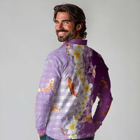 Hawaii And Japan Long Sleeve Polo Shirt Plumeria Lei With Koi Fish Purple - Polynesian Pride