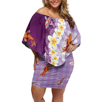 Hawaii And Japan Off Shoulder Short Dress Plumeria Lei With Koi Fish Purple LT05 Women Purple - Polynesian Pride