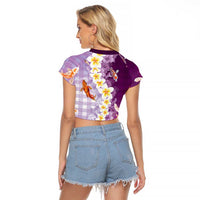 Hawaii And Japan Raglan Cropped T Shirt Plumeria Lei With Koi Fish Purple - Polynesian Pride