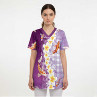 Hawaii And Japan Scrub Top Plumeria Lei With Koi Fish Purple - Polynesian Pride