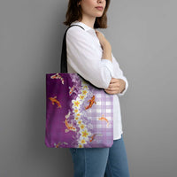 Hawaii And Japan Tote Bag Plumeria Lei With Koi Fish Purple - Polynesian Pride