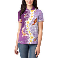 Hawaii And Japan Women Polo Shirt Plumeria Lei With Koi Fish Purple - Polynesian Pride