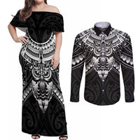 New Zealand Morepork Couples Matching Off Shoulder Maxi Dress and Long Sleeve Button Shirt Maori Pattern Black LT05 Black - Polynesian Pride