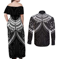 New Zealand Morepork Couples Matching Off Shoulder Maxi Dress and Long Sleeve Button Shirt Maori Pattern Black LT05 - Polynesian Pride