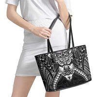 New Zealand Morepork Leather Tote Bag Maori Pattern Black