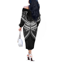 New Zealand Morepork Off The Shoulder Long Sleeve Dress Maori Pattern Black