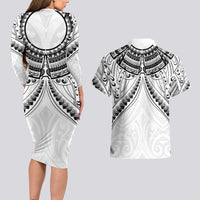 New Zealand Morepork Couples Matching Long Sleeve Bodycon Dress and Hawaiian Shirt Maori Pattern White