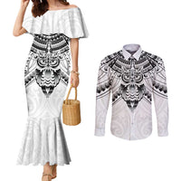 New Zealand Morepork Couples Matching Mermaid Dress and Long Sleeve Button Shirt Maori Pattern White