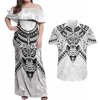 New Zealand Morepork Couples Matching Off Shoulder Maxi Dress and Hawaiian Shirt Maori Pattern White