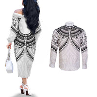 New Zealand Morepork Couples Matching Off The Shoulder Long Sleeve Dress and Long Sleeve Button Shirt Maori Pattern White