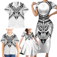 New Zealand Morepork Family Matching Short Sleeve Bodycon Dress and Hawaiian Shirt Maori Pattern White
