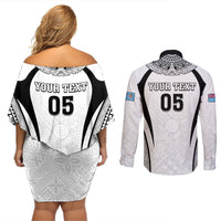 Custom Fiji Rugby Couples Matching Off Shoulder Short Dress and Long Sleeve Button Shirt Fijian Warrior White LT05 - Polynesian Pride