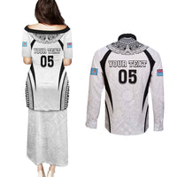 Custom Fiji Rugby Couples Matching Puletasi and Long Sleeve Button Shirt Fijian Warrior White LT05 - Polynesian Pride