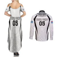Custom Fiji Rugby Couples Matching Summer Maxi Dress and Long Sleeve Button Shirt Fijian Warrior White