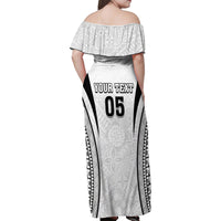 Custom Fiji Rugby Family Matching Off Shoulder Maxi Dress and Hawaiian Shirt Fijian Warrior White