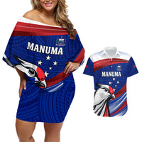 Custom Samoa Rugby Couples Matching Off Shoulder Short Dress and Hawaiian Shirt Manuma Ptilinopus Perousii LT05 Blue - Polynesian Pride