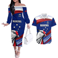 Custom Samoa Rugby Couples Matching Off The Shoulder Long Sleeve Dress and Hawaiian Shirt Manuma Ptilinopus Perousii LT05 Blue - Polynesian Pride