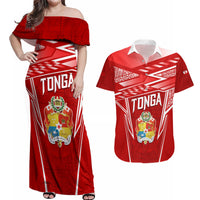 Custom Tonga Rugby Couples Matching Off Shoulder Maxi Dress and Hawaiian Shirt Kupesi Ngatu Pattern LT05 Red - Polynesian Pride