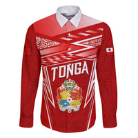 Custom Tonga Rugby Family Matching Off Shoulder Maxi Dress and Hawaiian Shirt Kupesi Ngatu Pattern LT05 Dad's Shirt - Long Sleeve Red - Polynesian Pride