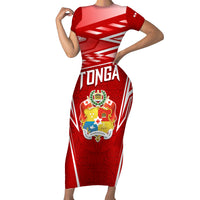 Custom Tonga Rugby Short Sleeve Bodycon Dress Kupesi Ngatu Pattern LT05 Long Dress Red - Polynesian Pride