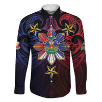 Haiti Philippines Family Matching Tank Maxi Dress and Hawaiian Shirt Haitian Coat Of Arms With Filipino Sun LT05 Dad's Shirt - Long Sleeve Black - Polynesian Pride