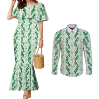 Hawaii Ti Leaf Maile Tuberose Lei Couples Matching Mermaid Dress and Long Sleeve Button Shirt With Hanalei Leaf Green LT05 Green - Polynesian Pride