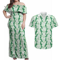 Hawaii Ti Leaf Maile Tuberose Lei Couples Matching Off Shoulder Maxi Dress and Hawaiian Shirt With Hanalei Leaf Green LT05 Green - Polynesian Pride