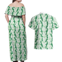 Hawaii Ti Leaf Maile Tuberose Lei Couples Matching Off Shoulder Maxi Dress and Hawaiian Shirt With Hanalei Leaf Green LT05 - Polynesian Pride